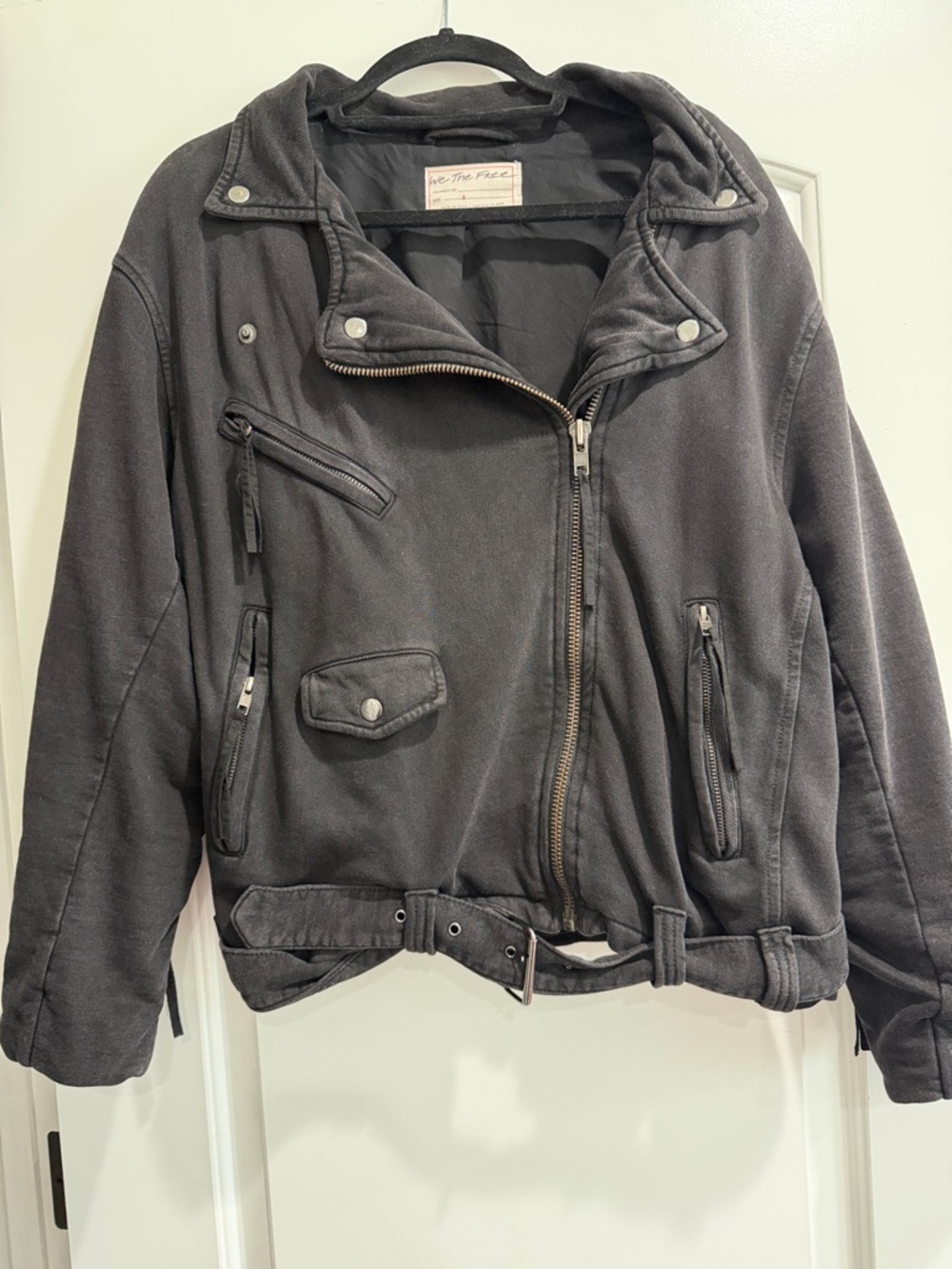 We The Free Black Moto Zip Jacket with Belted Hem